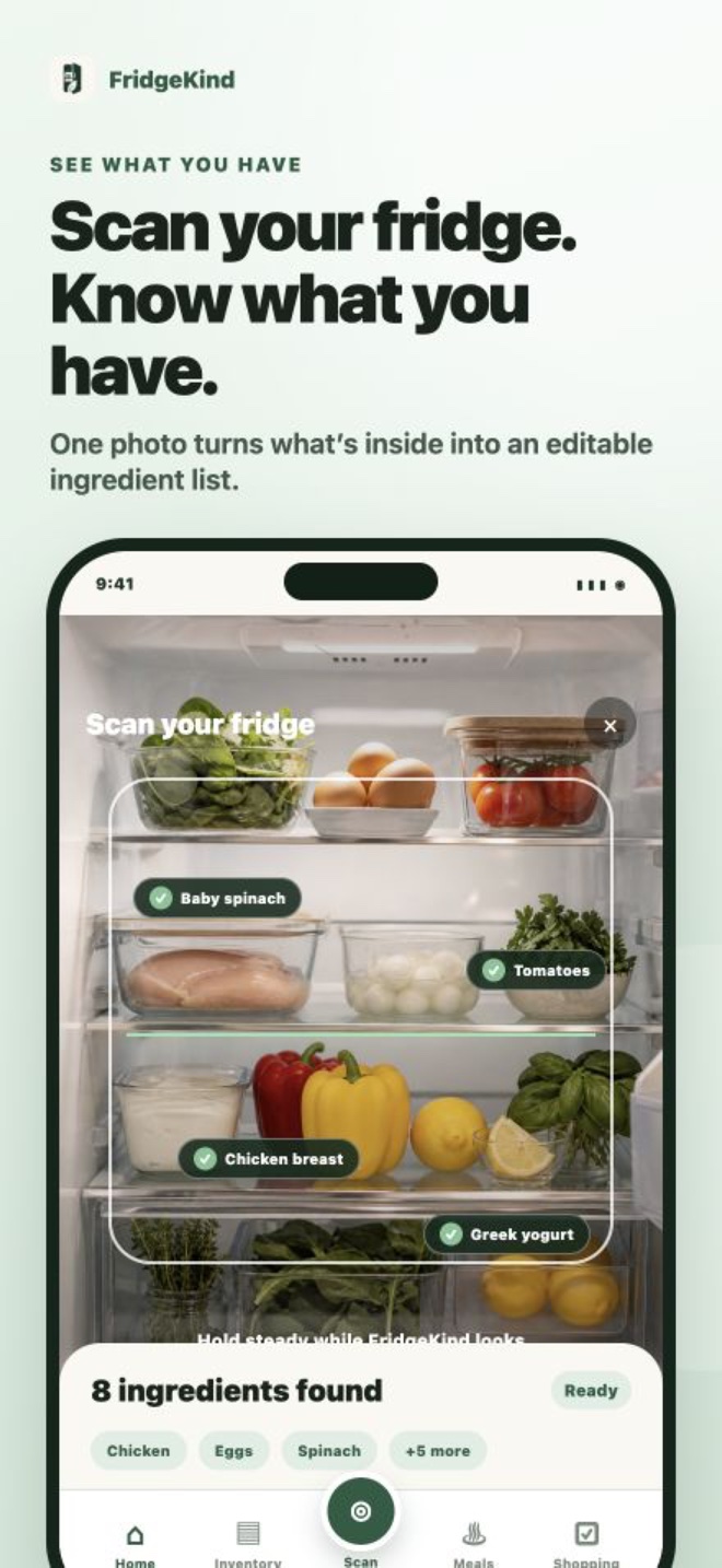 FridgeKind scanning a refrigerator and recognizing ingredients