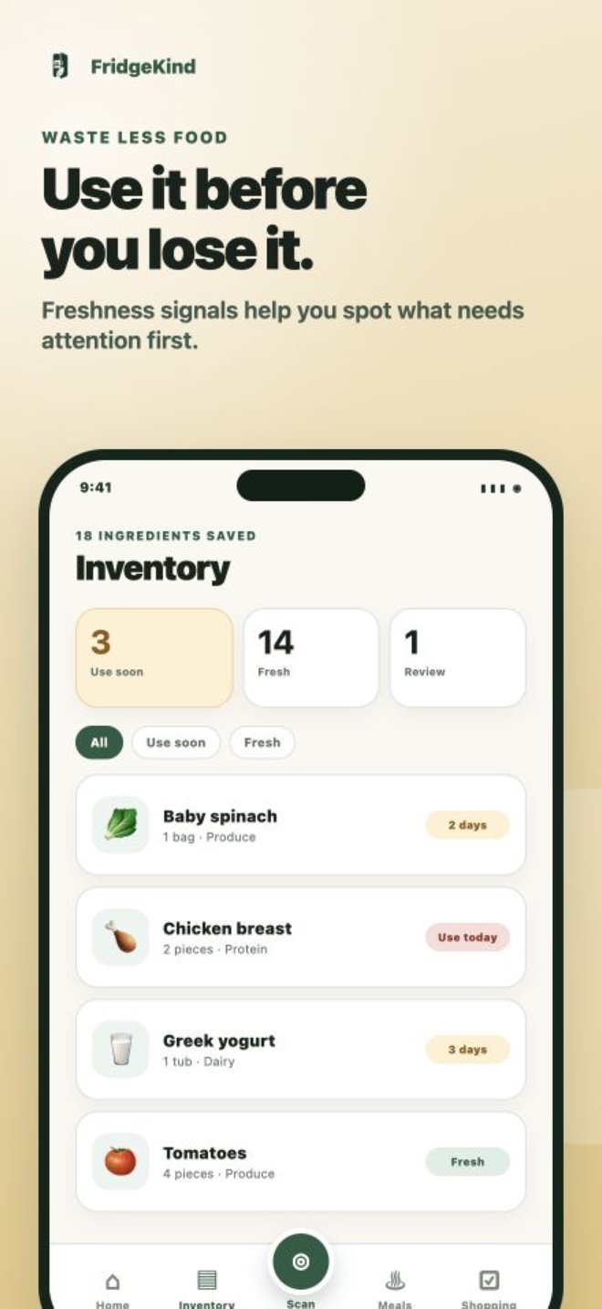 FridgeKind inventory showing food to use soon