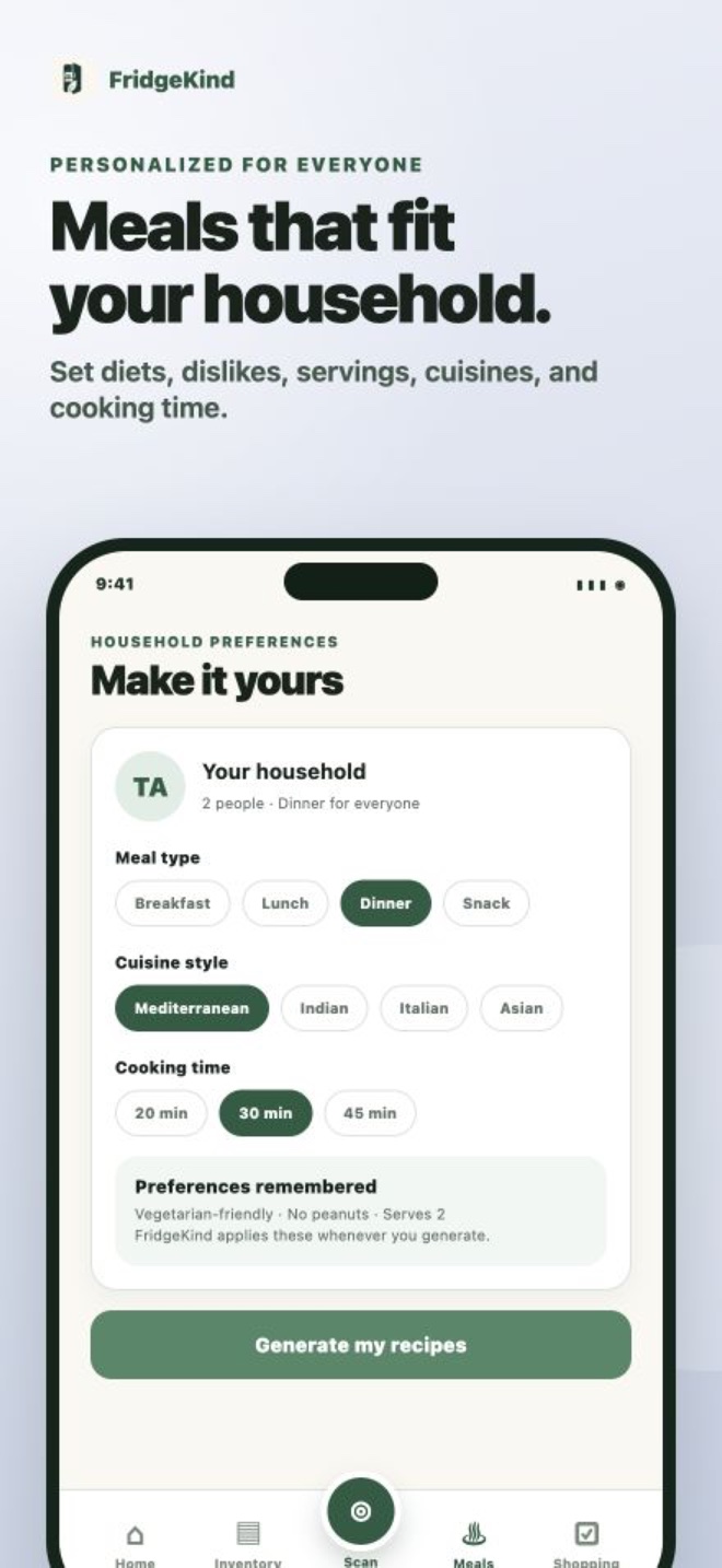 Household meal preferences in FridgeKind