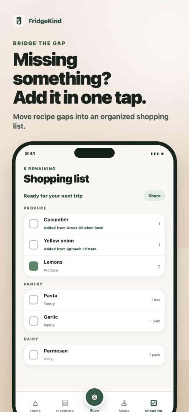 Missing recipe ingredients added to a FridgeKind shopping list